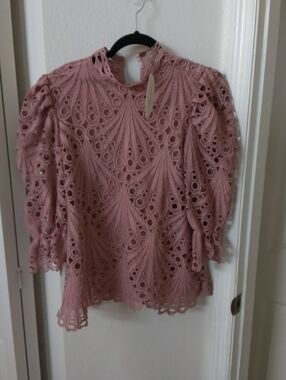 ivy & sage Dusty Pink Lace Eyelet High-Neck Blouse